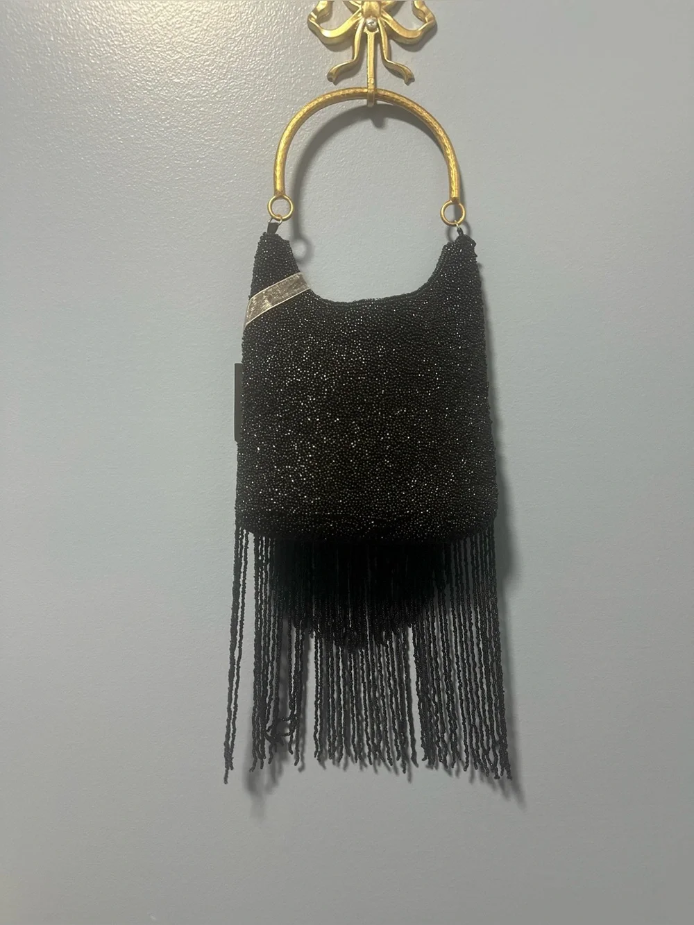 Black Beaded Fringe Party Bag Brass Handle NWT